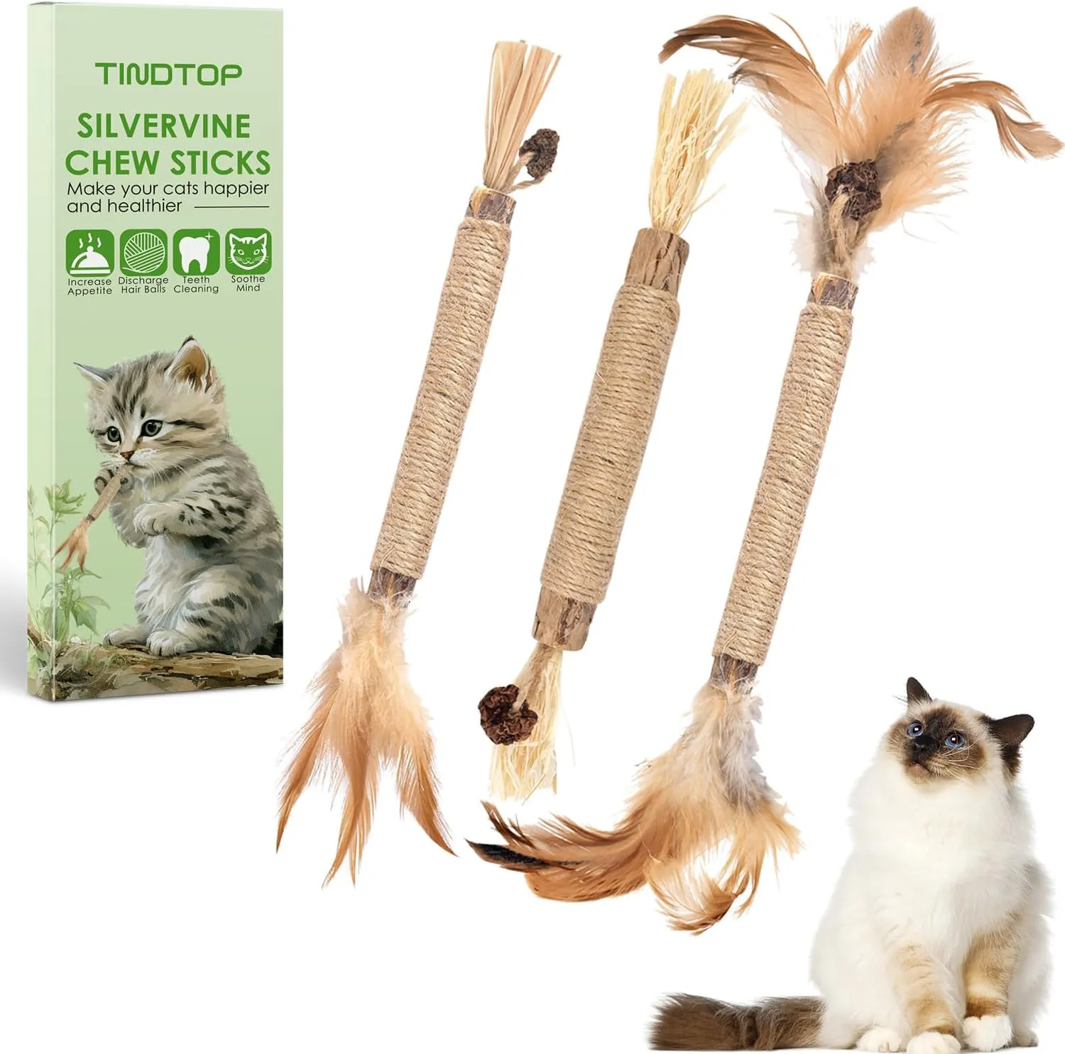 TINDTOP Silvervine Sticks for Cats with Natural Feather, Catnip Chew Toys for Kittens Teeth Cleaning, Matatabi Dental Care, Increase Appetite, Calm Cat Anxiety and Stress, Cat Dental Toy