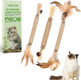 TINDTOP Silvervine Sticks for Cats with Natural Feather, Catnip Chew Toys for Kittens Teeth Cleaning, Matatabi Dental Care, Increase Appetite, Calm Cat Anxiety and Stress, Cat Dental Toy