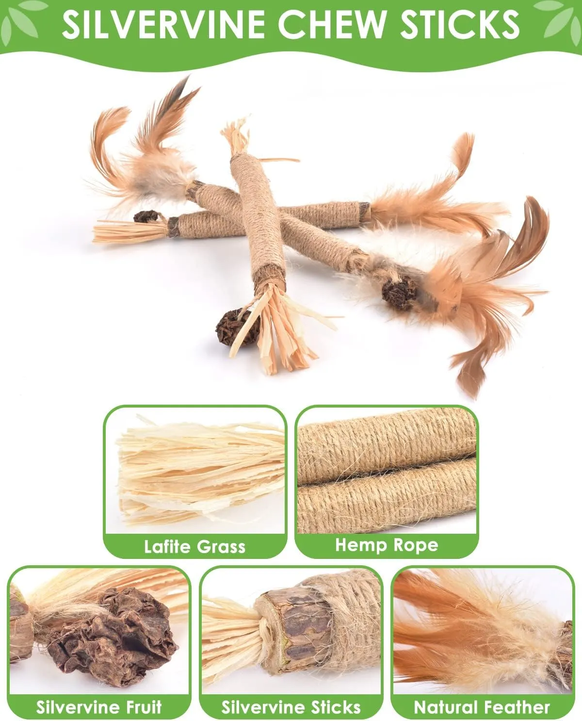 TINDTOP Silvervine Sticks for Cats with Natural Feather, Catnip Chew Toys for Kittens Teeth Cleaning, Matatabi Dental Care, Increase Appetite, Calm Cat Anxiety and Stress, Cat Dental Toy