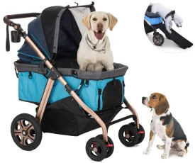 Titan-HD Premium Super-Sized Dog/Cat/Pet Stroller SUV Travel Carriage/w Access Ramp/100Lbs Capacity/Pumpless Rubber Wheels/Aluminum Frame for Small, Med, Large, XL Pets (Blue)