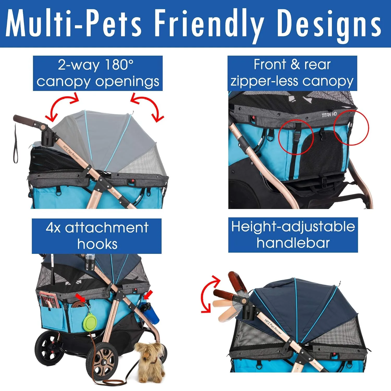 Titan-HD Premium Super-Sized Dog/Cat/Pet Stroller SUV Travel Carriage/w Access Ramp/100Lbs Capacity/Pumpless Rubber Wheels/Aluminum Frame for Small, Med, Large, XL Pets (Blue)