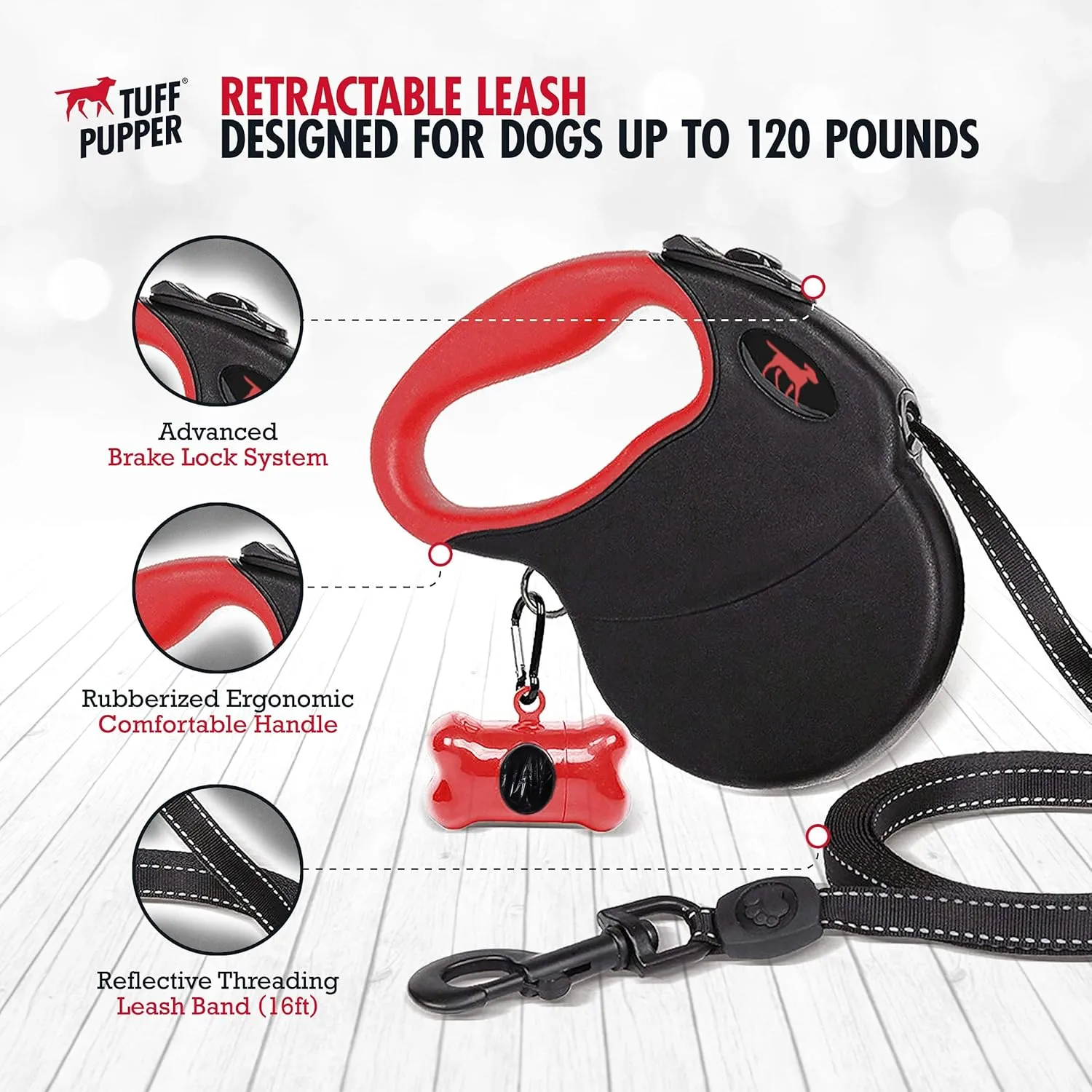 Tuff Pupper Heavy Duty Retractable Dog Leash | 16 ft Dog Leash with Reflective Stitching for Nighttime Safety | One Button Lock and Release | Comfortable Hand Grip | for Dogs Up to 120 lbs