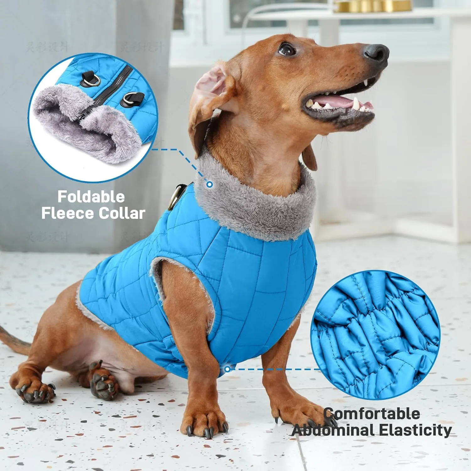 Warm Fleece Dog Coats with Durable Harness Buitl in D-Ring,Waterproof Doggie Jacket for Medium Dogs,Dog Vest for Cold Winter,Light Blue XL