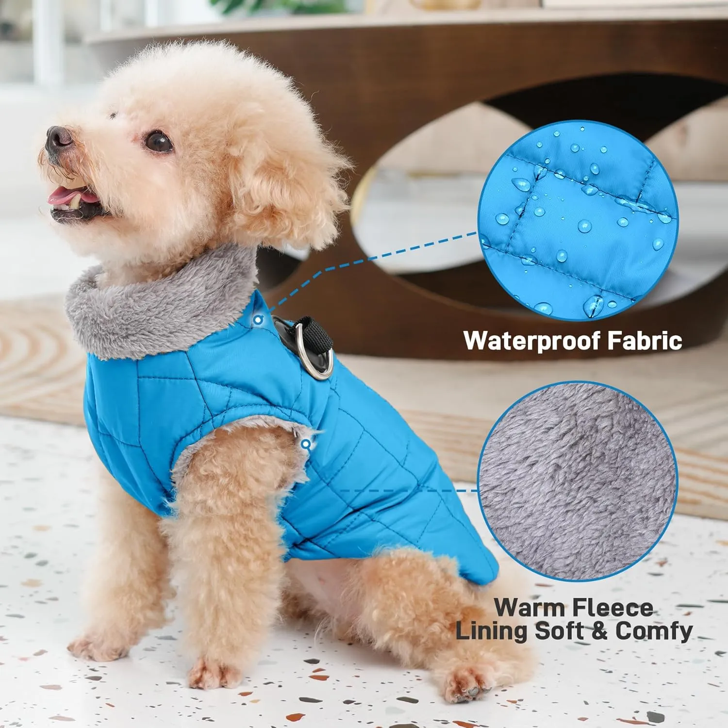 Warm Fleece Dog Coats with Durable Harness Buitl in D-Ring,Waterproof Doggie Jacket for Medium Dogs,Dog Vest for Cold Winter,Light Blue XL