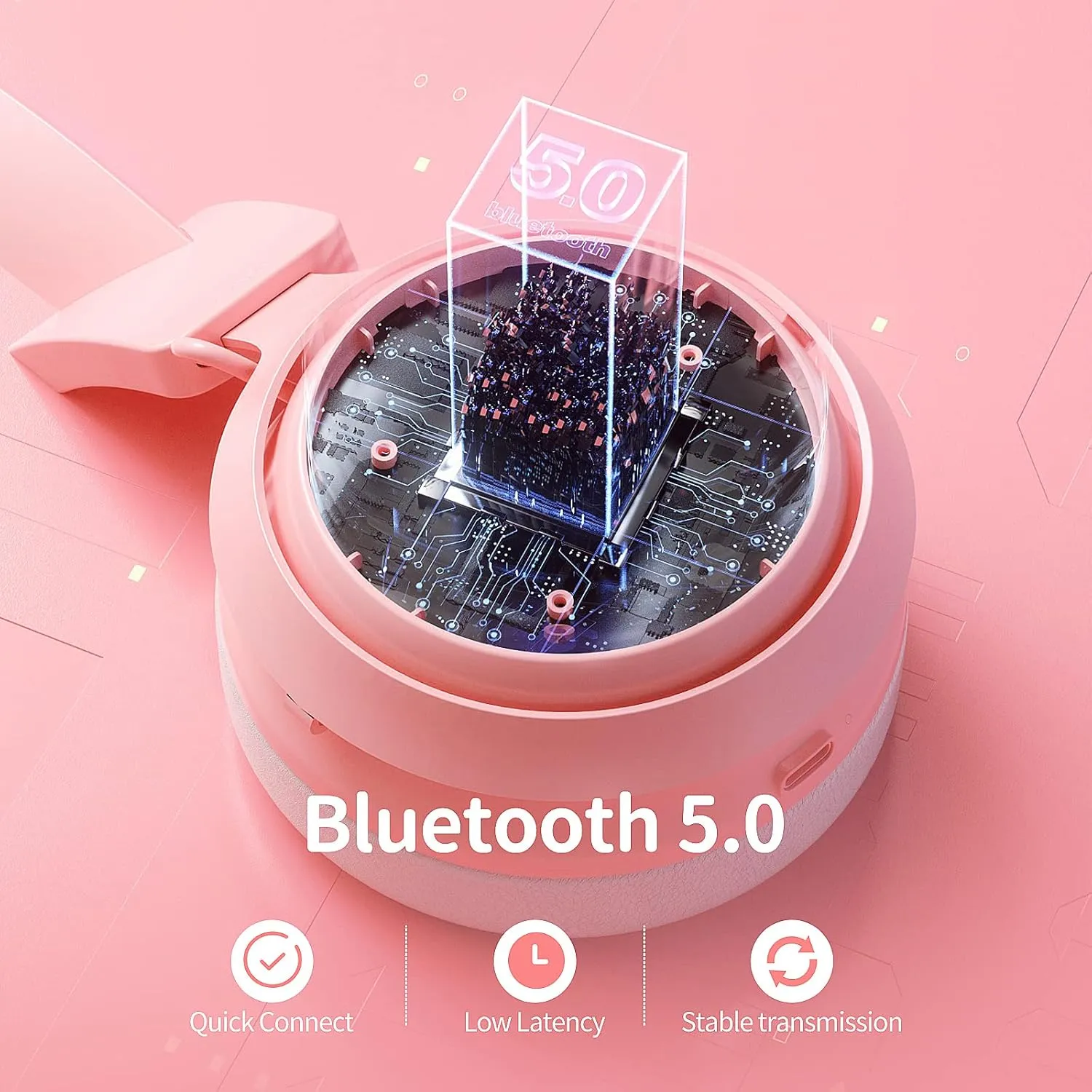 Wireless Cat Ear Headphones, Pink Gaming Headset Bluetooth 5.0 for Smartphone, Retractable Mic, 50mm Drivers, RGB Lighting Headset with Mic (USB Dongle Not Included)