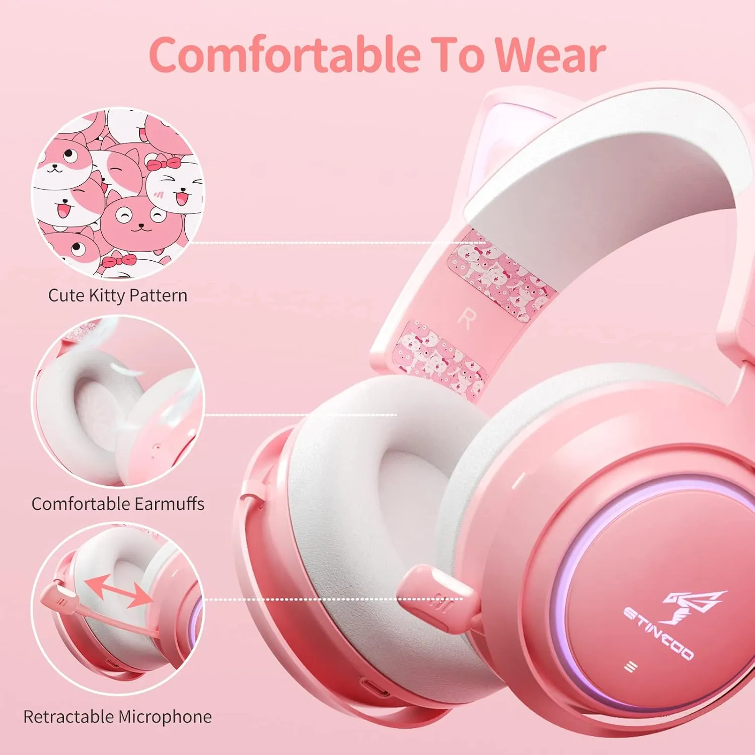 Wireless Cat Ear Headphones, Pink Gaming Headset Bluetooth 5.0 for Smartphone, Retractable Mic, 50mm Drivers, RGB Lighting Headset with Mic (USB Dongle Not Included)