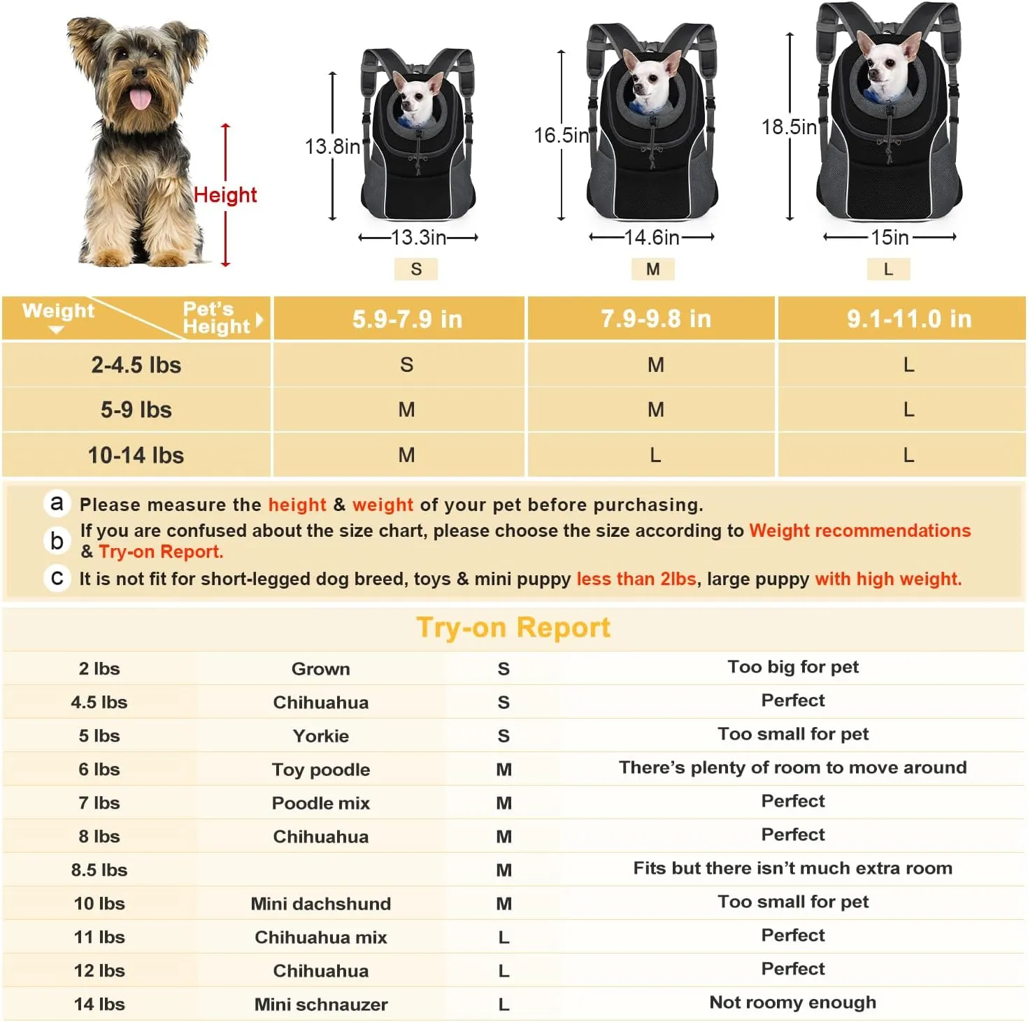 WOYYHO Pet Dog Carrier Backpack Small Dog Front Backpack Ventilated Dog Carrier Back Pack with Storage Pockets, Adjustable Straps & Safety Belt for Travel Hiking Outdoor (Size L: 10-14 lbs, Black)