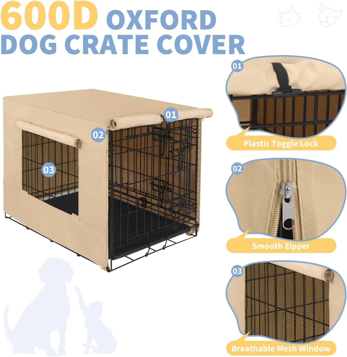 X-ZONE PET 48" Dog Crate Cover for Indoor/Outdoor - Heavy Duty Polyester Pet Kennel Cover Fits for Wire Dog Cage Beige