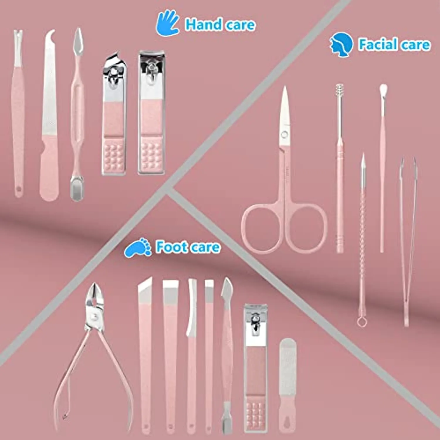 Yougai Manicure Set 18 pcs Professional Nail Clippers Pedicure Kit, Stainless Steel Pedicure Set Nail Grooming Kit Tools with Luxurious Travel Case(Pink)