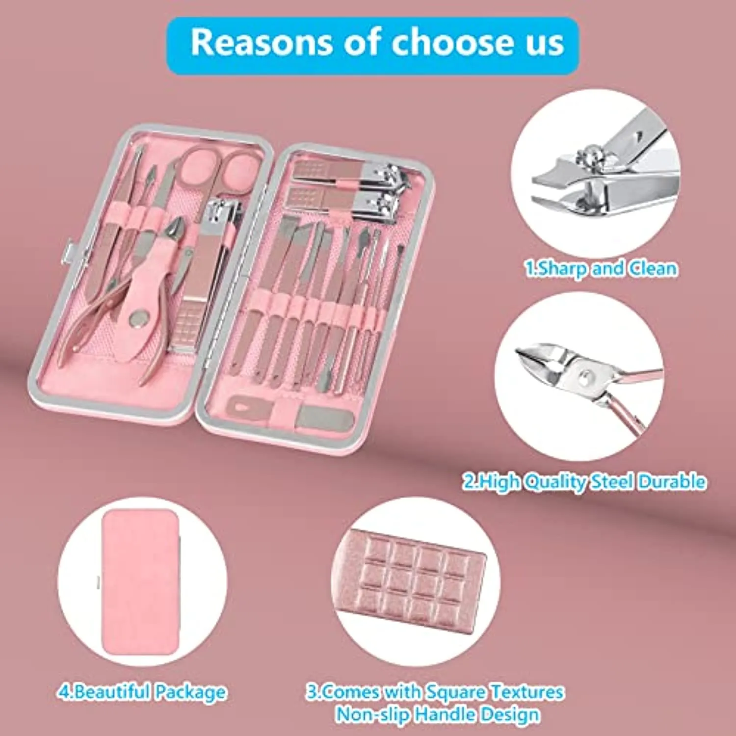Yougai Manicure Set 18 pcs Professional Nail Clippers Pedicure Kit, Stainless Steel Pedicure Set Nail Grooming Kit Tools with Luxurious Travel Case(Pink)