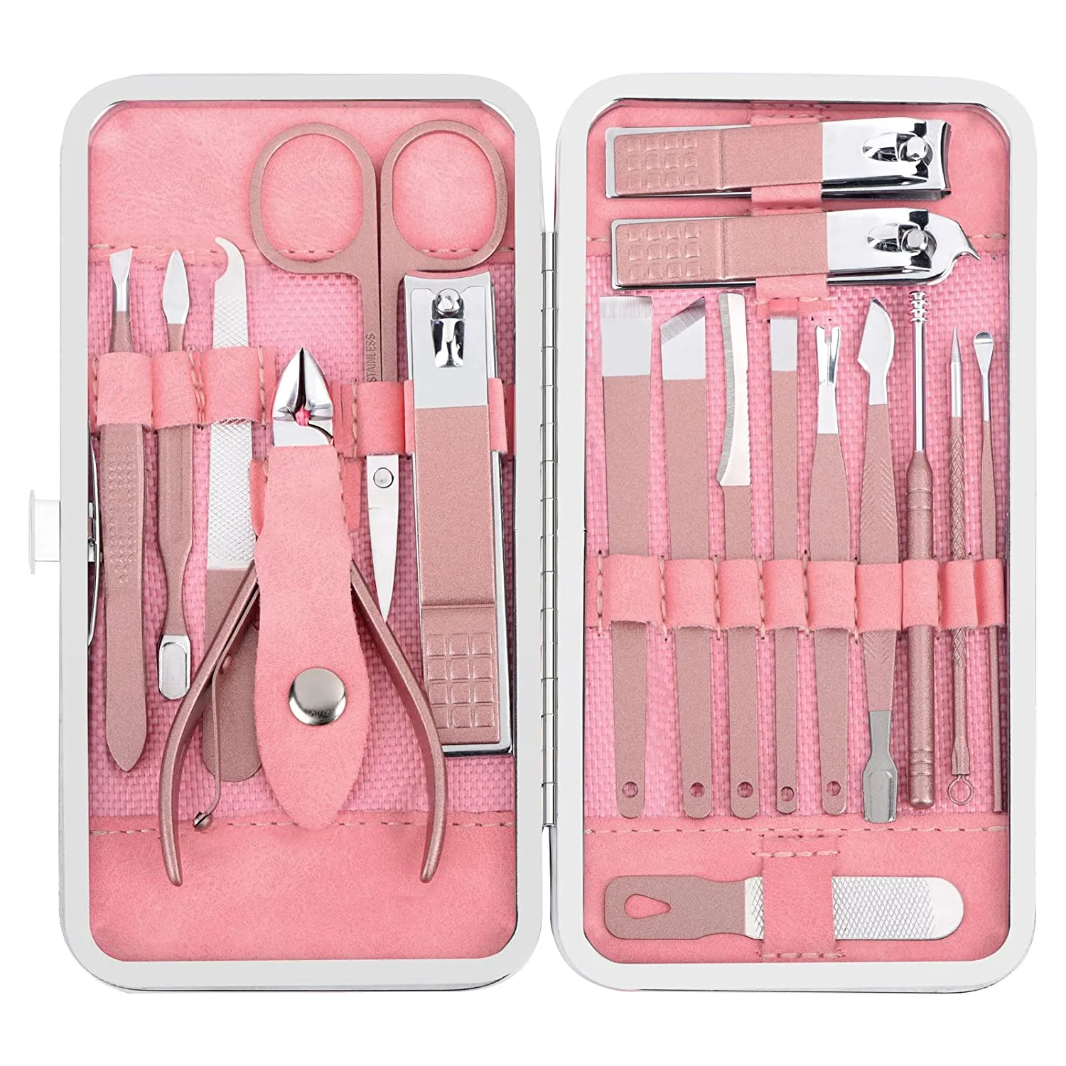 Yougai Manicure Set 18 pcs Professional Nail Clippers Pedicure Kit, Stainless Steel Pedicure Set Nail Grooming Kit Tools with Luxurious Travel Case(Pink)